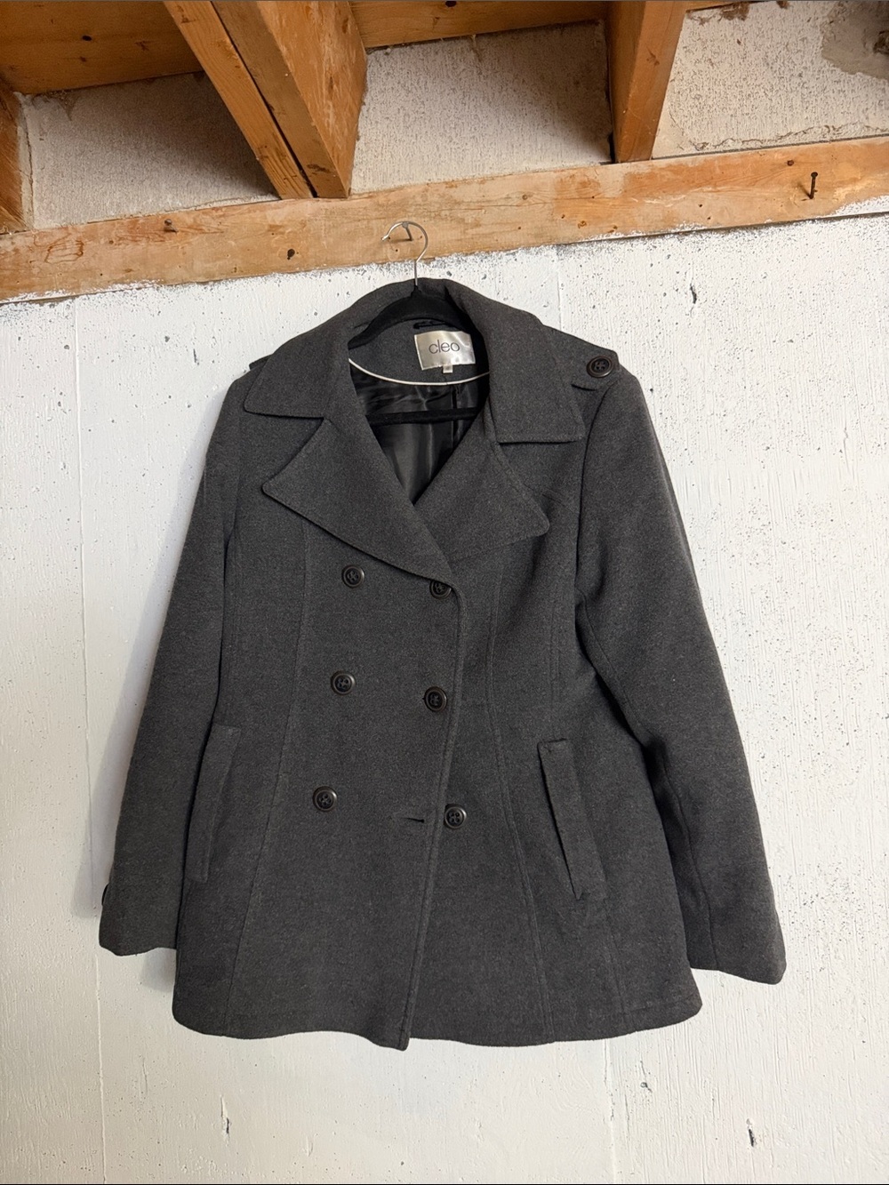 CLEO WOOL Gray Double-Breasted Pea Coat,12 - Picture 10 of 14